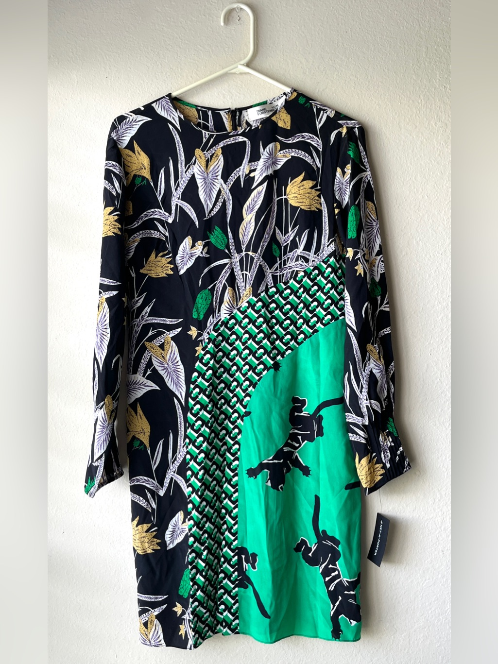 Diane Von Furstenberg Black, Green & Gold Mixed-Print Long Sleeve Dress